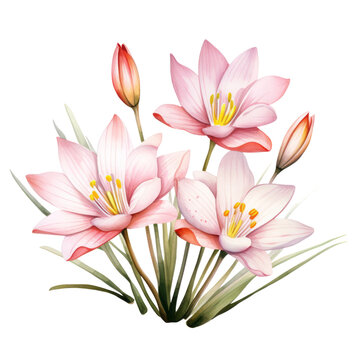 Pink and Light Red Rain Lily Or Zephyranthes Flower Botanical Watercolor Painting Illustration