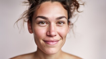 Naklejka premium Imperfections are embraced in this close-up of a Caucasian woman, her flawed skin highlighted against a studio light beige background.