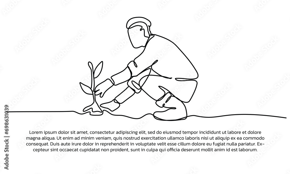 Poster continuous line design of a young man is carrying out reforestation. single line decorative elements
