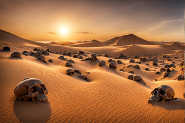 AI generated. Illustration. Many human skulls lie in desert on sand. Mass death. Burial in desert. - obrazy, fototapety, plakaty