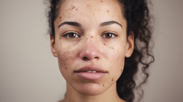 A detailed portrayal of a Caucasian woman's close-up, emphasizing her flawed skin against a light beige studio setting.