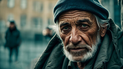AI generated. Illustration. Portrait of tired old beggar with wrinkled face. Haggard old man. Homeless tramp. Cinematic portrait. - obrazy, fototapety, plakaty