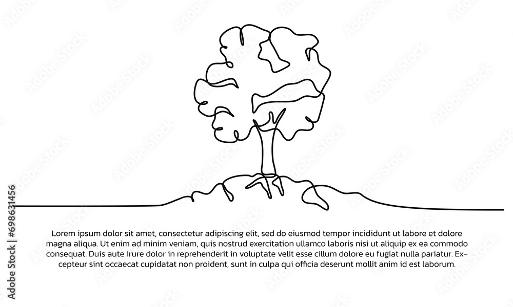 Poster Continuous line design of trees are earth ferns. Single line decorative elements drawn on a white background.