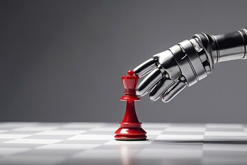 robotic hand holding red chess piece, bright gray background, - obrazy, fototapety, plakaty