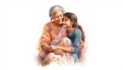 watercolor illustration portrait of an indian older woman hugging her teen granddaughter full body picture book childrens book warm friendly happy  HD Wallpaper