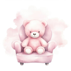 Cute watercolor little teddy bear on a chair on white background