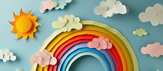 Instructions for creating a paper rainbow, with steps to cut out a sun and clouds.