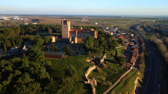 Aerial view of The medieval Castle of la Mota in Medina del Campo, Valladolid, Spain. High quality 4k footage