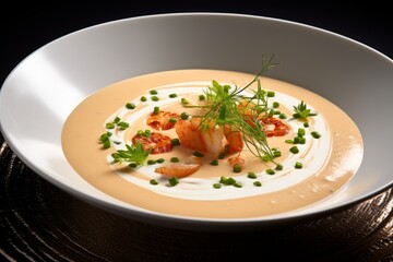 Photo of a gourmet seafood bisque with a dollop of cream. Generative AI