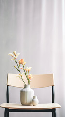 Minimalistic still life of flowers in vase, and chair on white wall background.