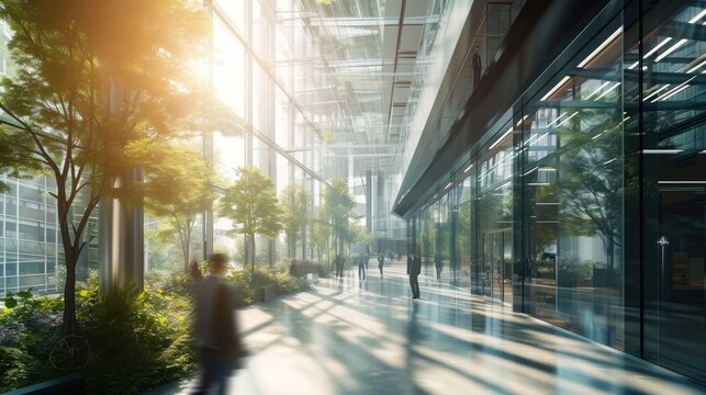 Blurred People Walking Fast Movement In Glass Office With Green Environment And Trees, Green Environment In Corporate Building.