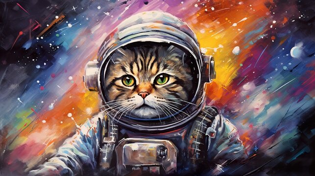 funny astronaut cat in space suit, fun kitty in spacesuit flying in cosmos