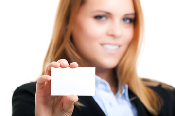 Professional woman presenting business card