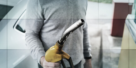 Man holding a fuel pump nozzle, geometric pattern