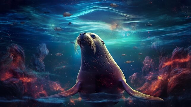 colorful stylish illustration of fantastic sea lion or seal swimming in outer space with stars and nebulas, fantasy mammal in colourful cosmos