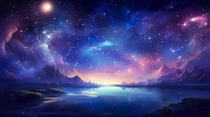 colorful landscape with starry night background, mountains and lake