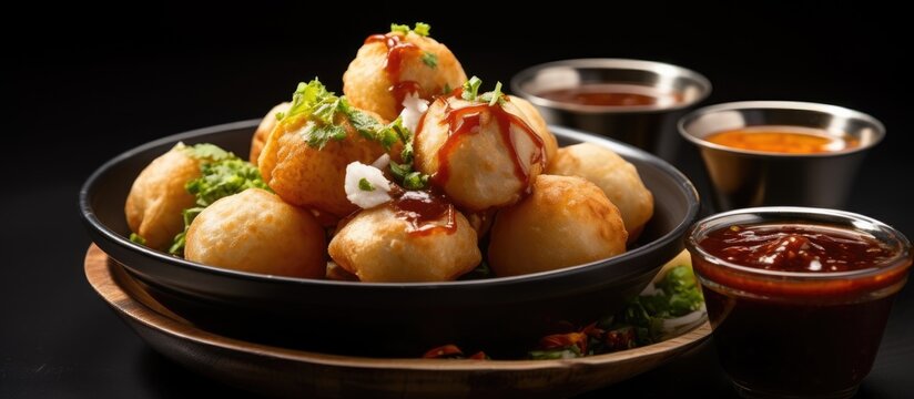 Indian street food consisting of stuffed Panipuri with aloo and sweet Tamarind sauce.