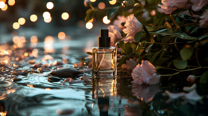 Perfume next to Pink Flowers Mockup In Soft Sunlight - Generative Ai - obrazy, fototapety, plakaty