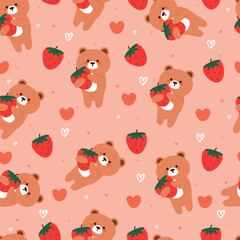 seamless pattern cartoon bear with strawberry. cute animal wallpaper illustration for gift wrap paper