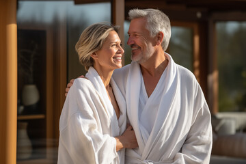Adult couple at outdoors in a bathrobe