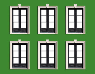 Row of windows. Spanish architecture background. Six windows frame isolated green facade. Retro style window. Antique european street. Building facade. Empty copy space. Italian style balcony window.