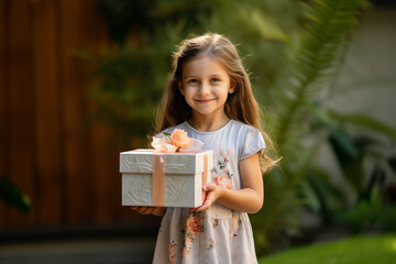 Cute little caucasian girl at outdoors holding a gift