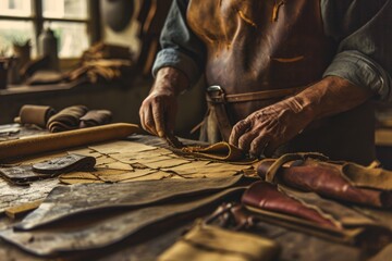 An elderly craftsman's hands working meticulously on a leather piece, showcasing the detailed and experienced work in the leather industry.