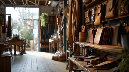A well-lit showroom with a variety of leather goods, including bags and accessories, displayed on wooden shelves.