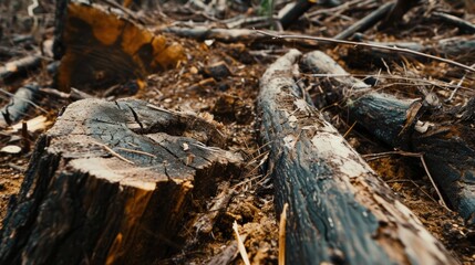 A close-up of the ground showing cut logs and sawdust from a deforested area for animal farming or leather production.