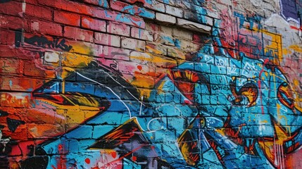 A vivid wall covered in colorful graffiti, showcasing artistic expression through spray paint on an...