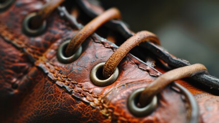 A close-up of a leather shoe showcasing the wear and texture of the material, including the laces and eyelets.