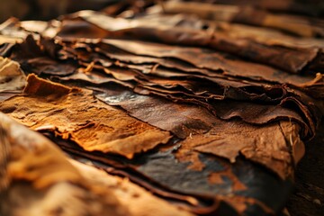 Partially processed hides in the foreground with soft focus on the tanning facility background, showcasing the leather production process.
