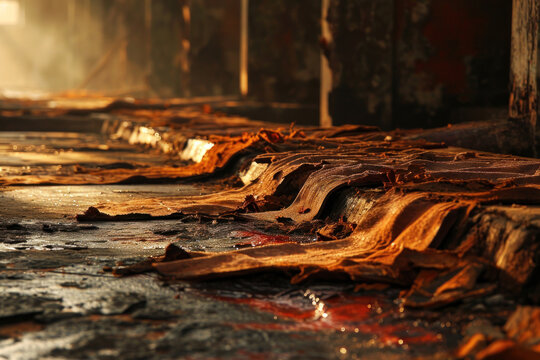 Close-up of raw animal hides with varying textures, lit by warm sunlight, indicative of the early stages of leather production