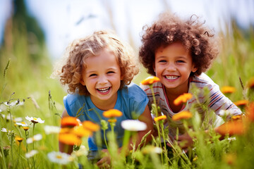 Two children having fun in the meadow. Happy kids outdoors in nature having good time