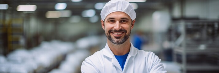Food industry, guy in white coat and safety cap on the background of blurred food production...