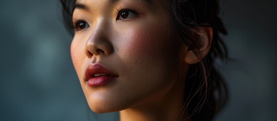 Fototapeta premium Gorgeous Asian woman with radiant skin gazing elsewhere, wearing a smile.