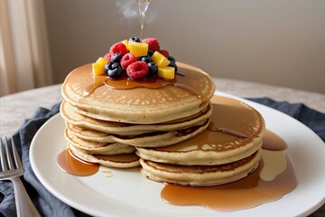 
A stack of golden pancakes topped with luscious maple syrup and vibrant berries. The fluffy texture contrasts the rich syrup, while the burst of colorful berries adds a fresh, enticing appeal.
