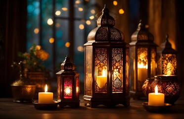 Fototapeta premium Fanous Ramadan Muslim Islamic lanterns, festive background with copy space text, template, wallpaper