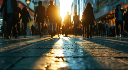 People walking along the street of a modern city, defocused image