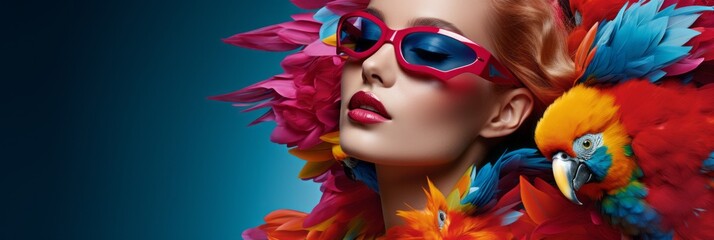 Young girls in beautiful fashionable clothes in parrot plumage colors, exotic bird and high fashion, fashion magazine cover, banner
