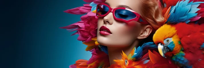 Raamstickers Young girls in beautiful fashionable clothes in parrot plumage colors, exotic bird and high fashion, fashion magazine cover, banner © Henryzoom