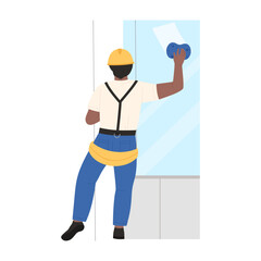 Glass cleaner working at height. Industrial climbers, worker on rope washing window cartoon vector illustration