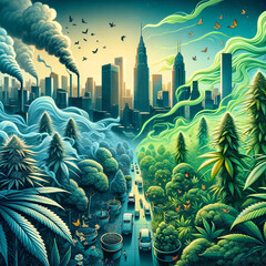 Urban skyline meets lush cannabis gardens and smoggy skies