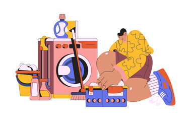 Laundry cartoon character. Cleaning, washing clothes. A woman washes dirty clothes in a washing machine. Retro doodle illustration on white background
