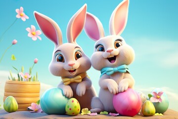 couple of cute Easter Bunnies in pastel colors, with a pile of Easter eggs