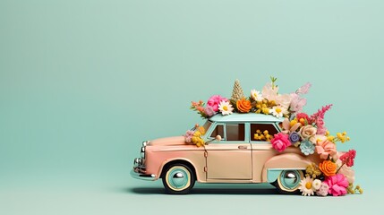 retro toy car delivering a bouquet of flowers on a pastel background. Postcard Valentine's Day. Flower delivery. March 8, International Women's Day and Mothers day. - obrazy, fototapety, plakaty