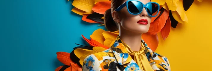 Poster Young girls in beautiful fashionable clothes in toucan plumage colors, exotic bird and high fashion, fashion magazine cover, banner © Henryzoom