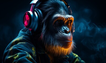 Chimpanzee in bright informal clothes wearing big professional headphones, in neon light. DJ...