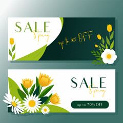 Fototapeta premium Two bright vector spring sale banners with floral design. Best offer. 