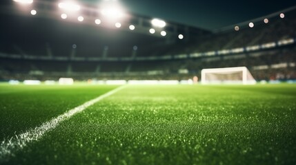 Green grass macro in sports arena  with lights background. Close up of  soccer field lines. Background soccer lawn grass football stadium ground view. - obrazy, fototapety, plakaty